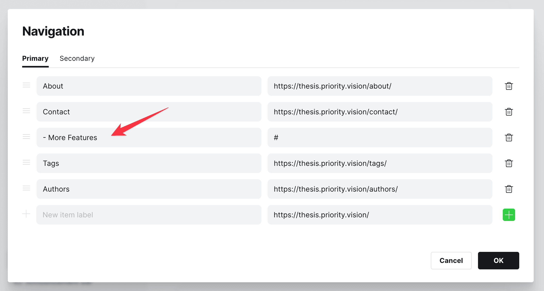 Navigation section setting