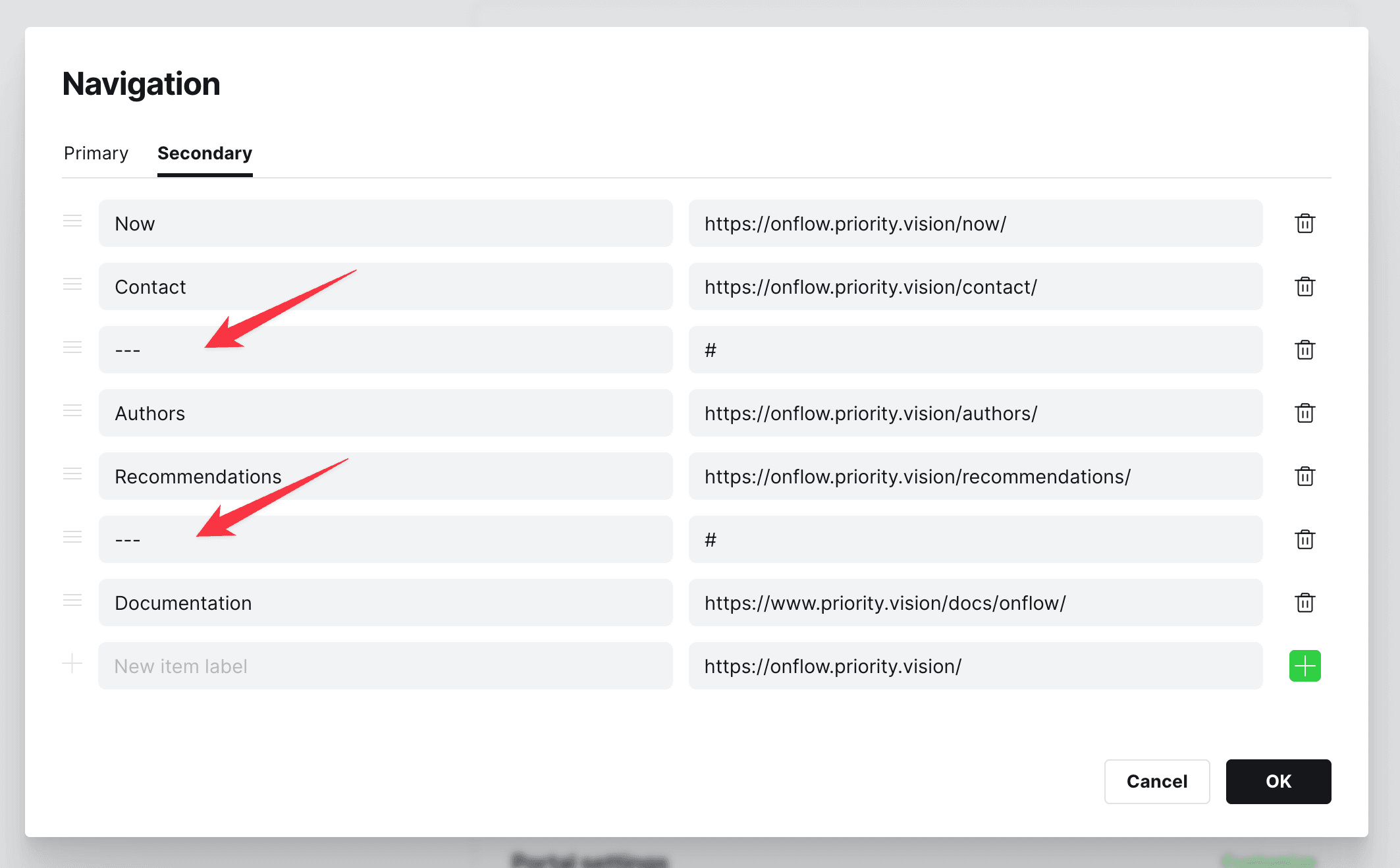 Navigation separator setting