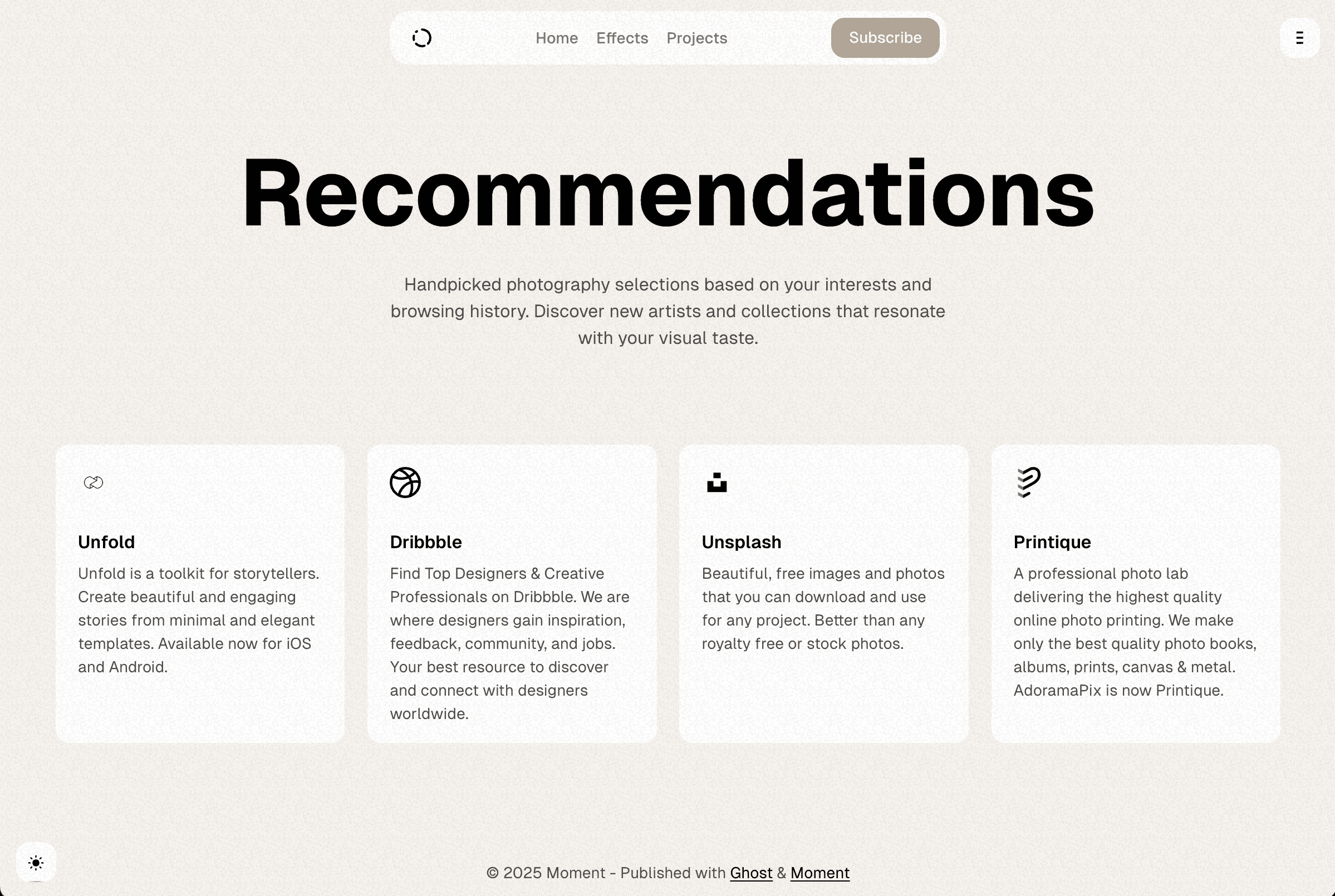 Moment theme Recommandations page