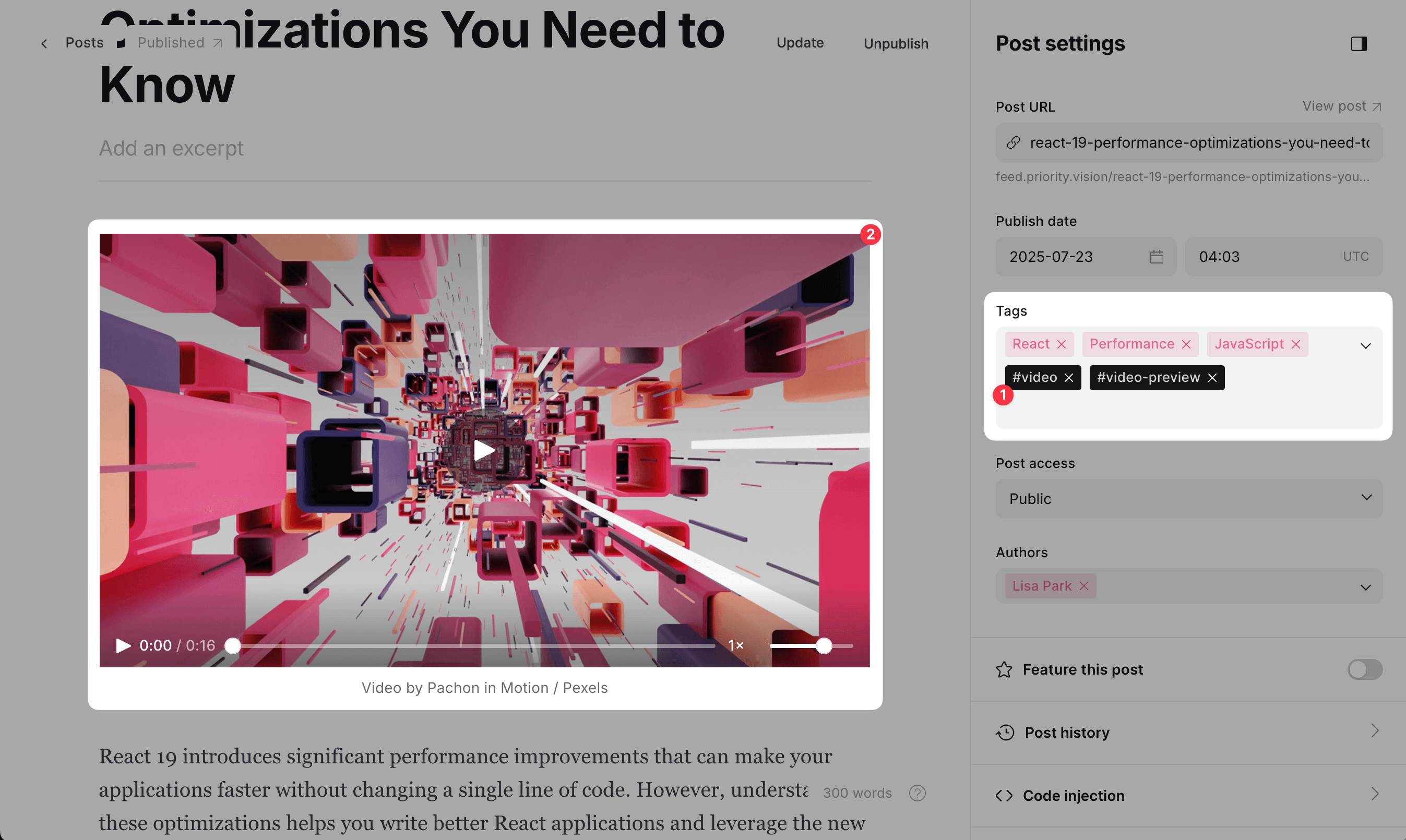 Add post featured video to the Ghost post