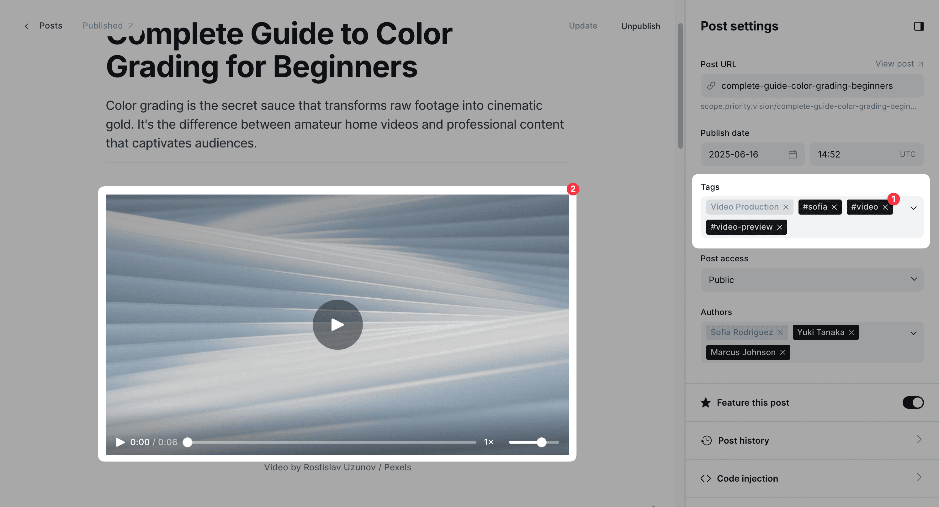 Add post featured video to the Ghost post