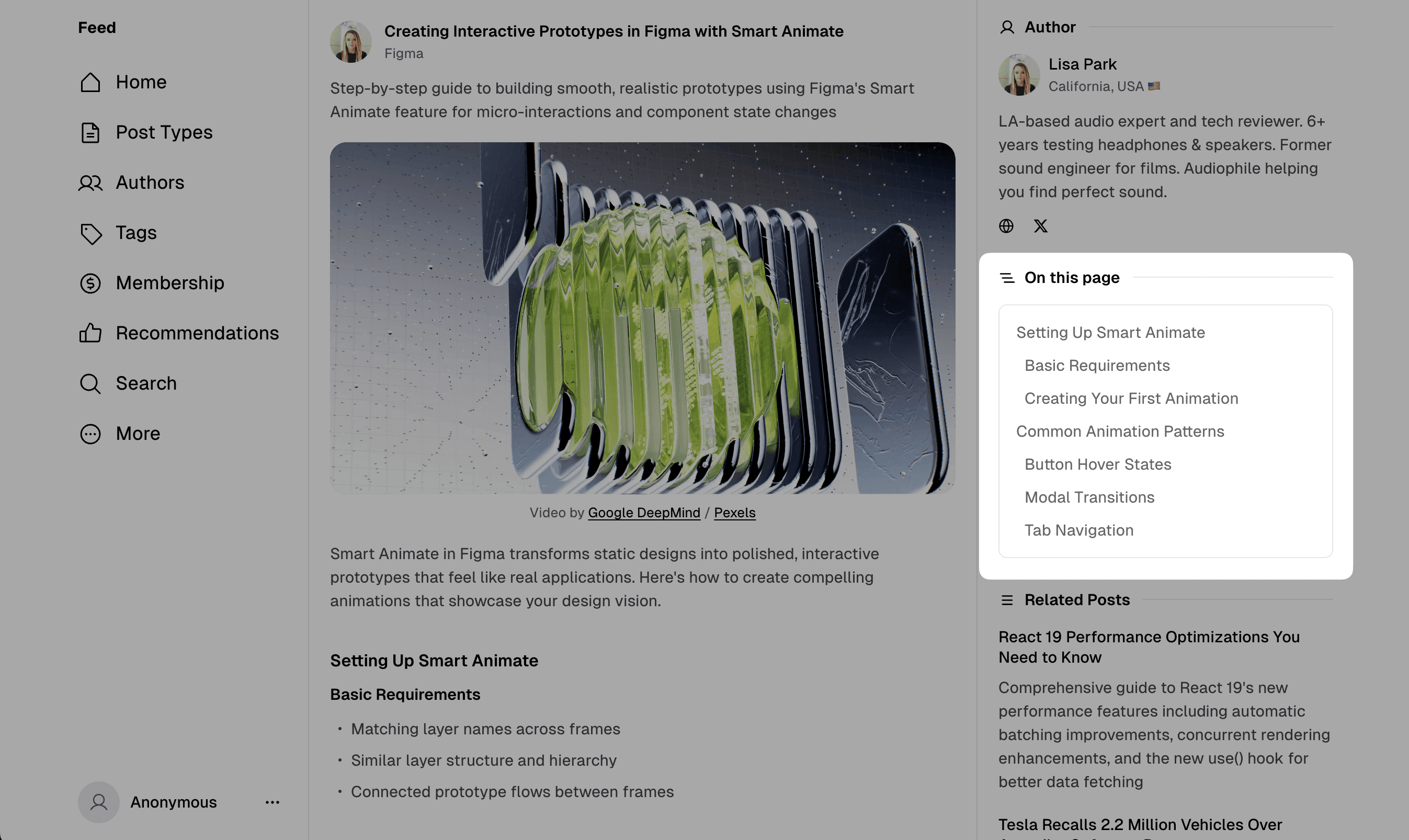 Feed theme table of contents