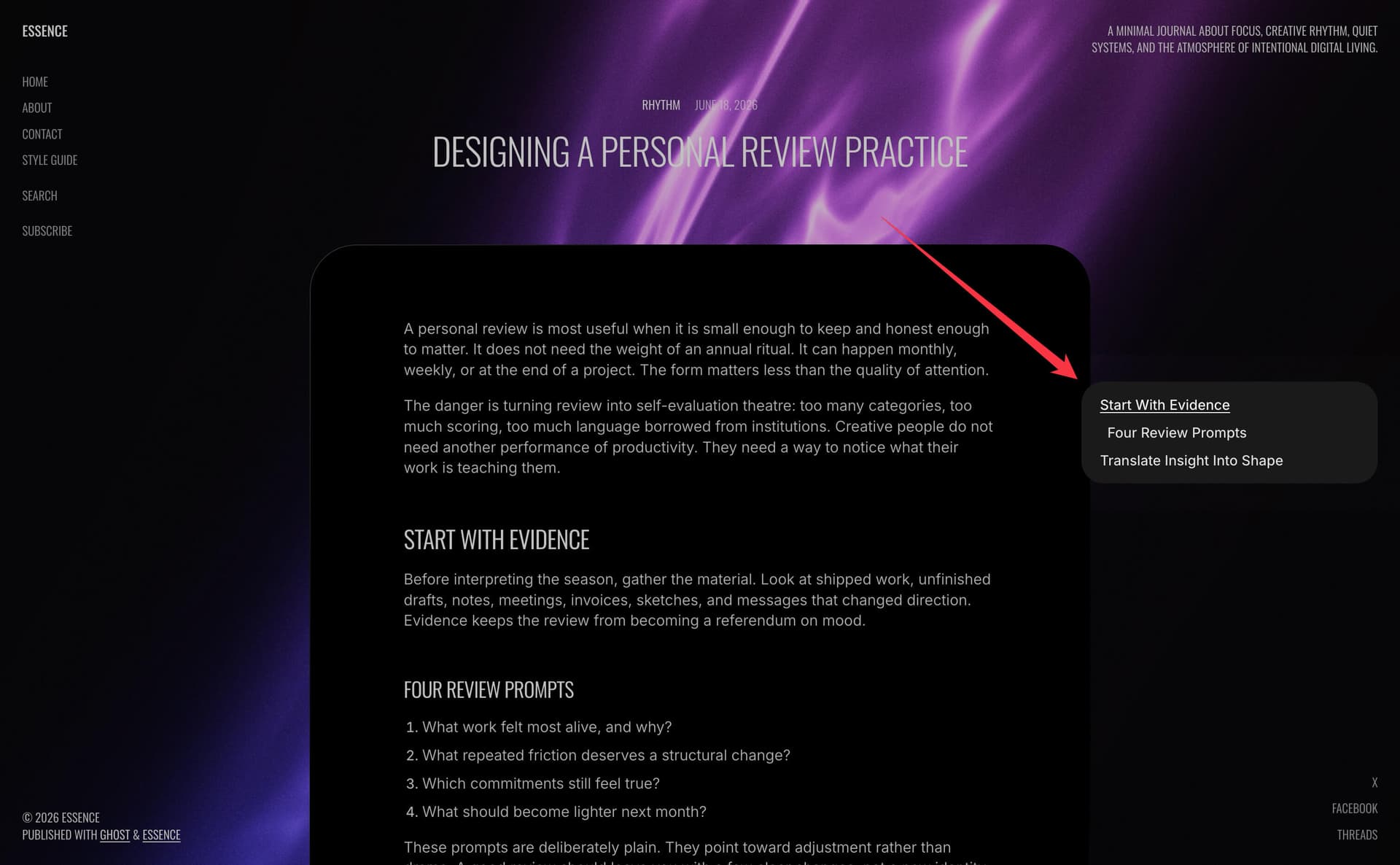 Essence theme table of contents
