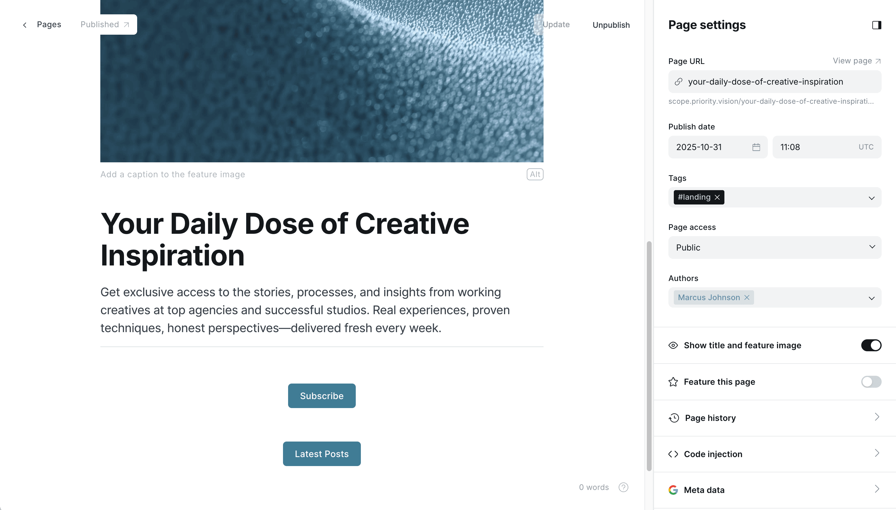 Creating a landing section