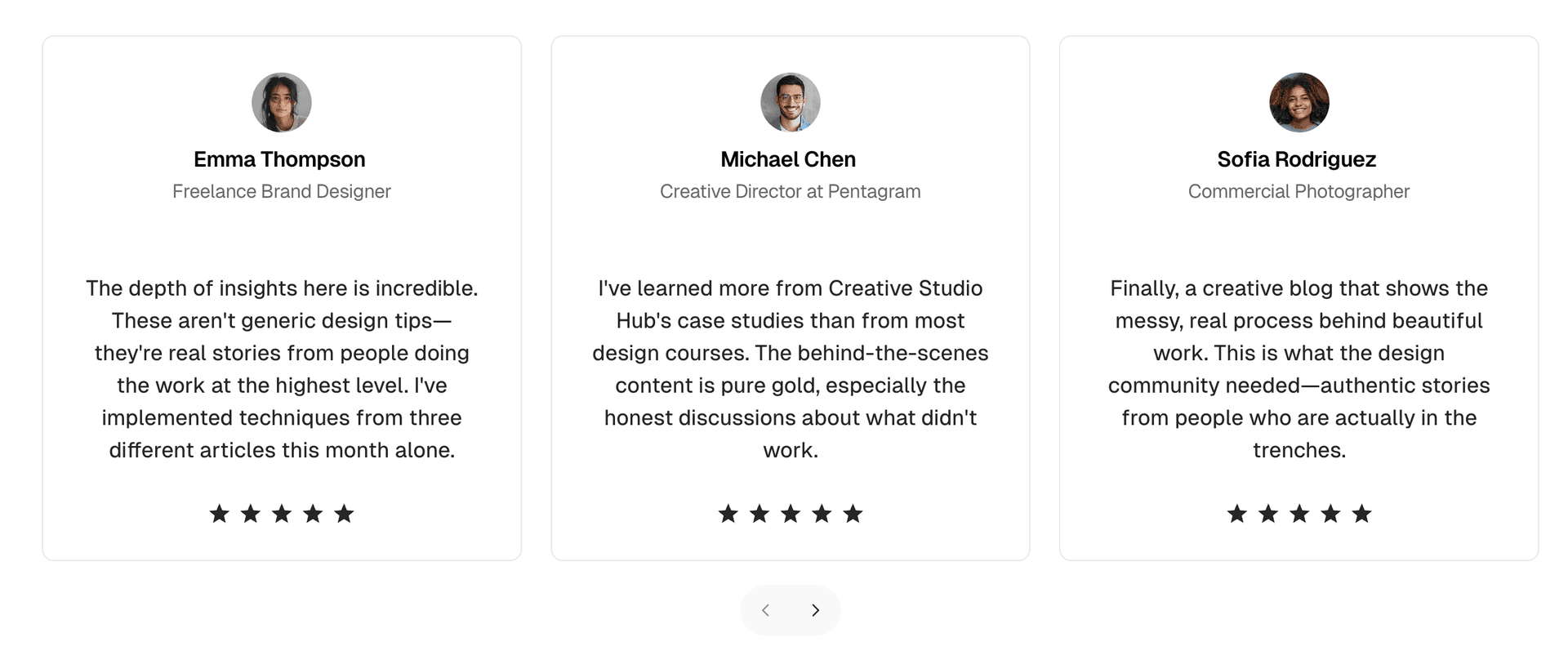 Testimonials card carousel style