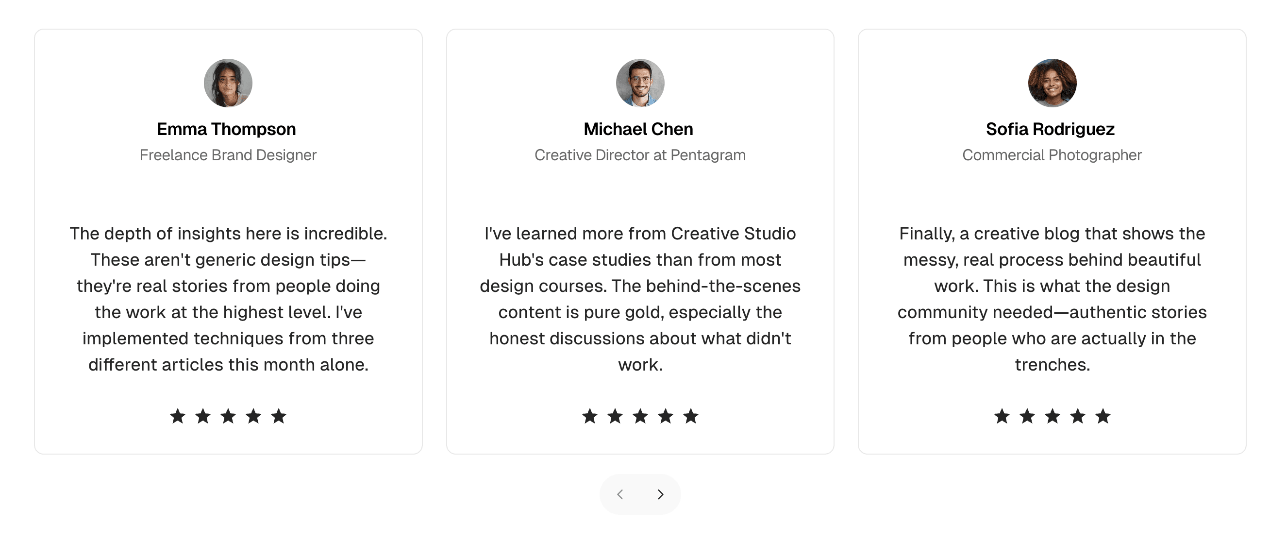 Testimonials card carousel style