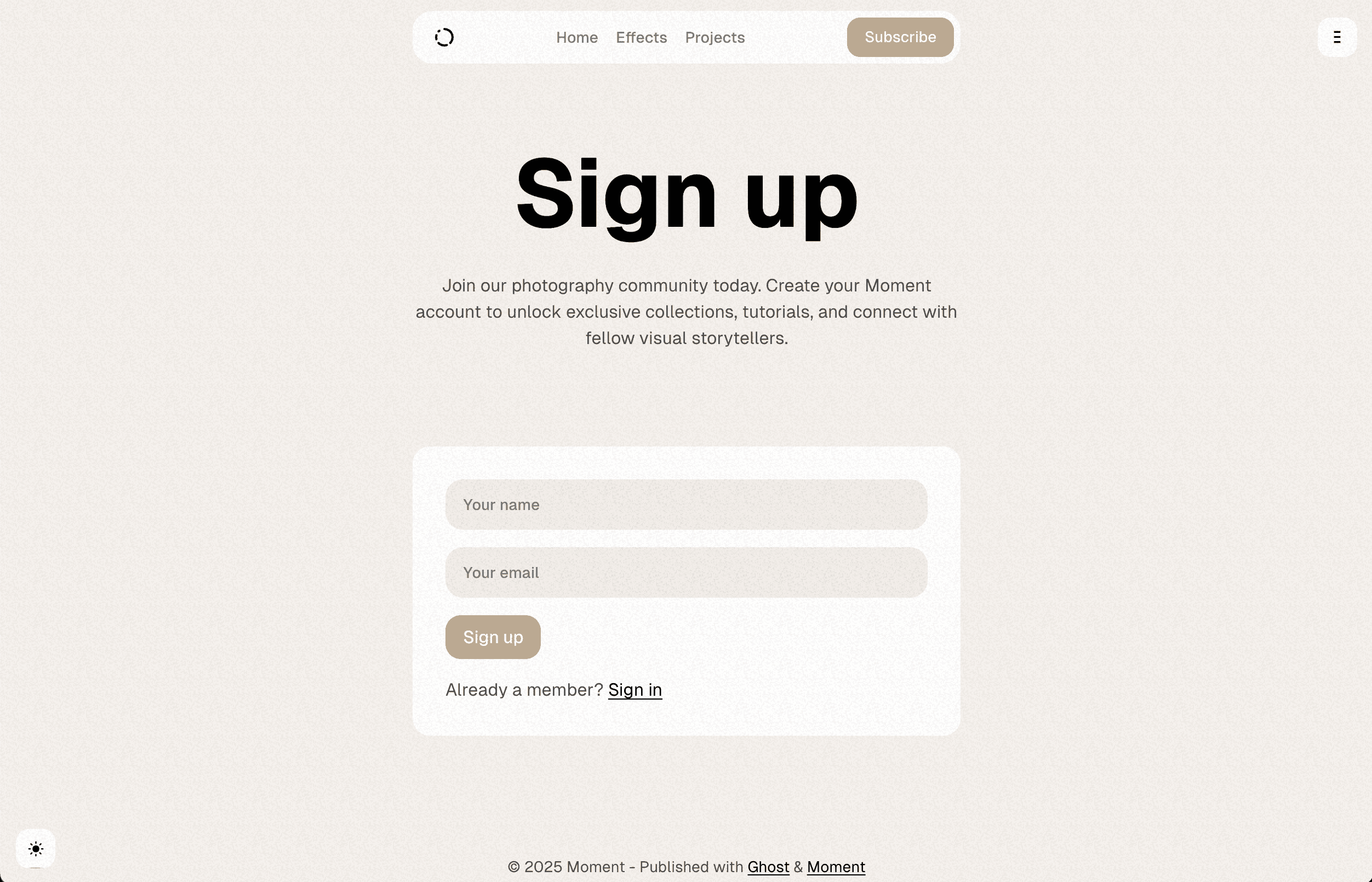 Moment theme Sign Up page