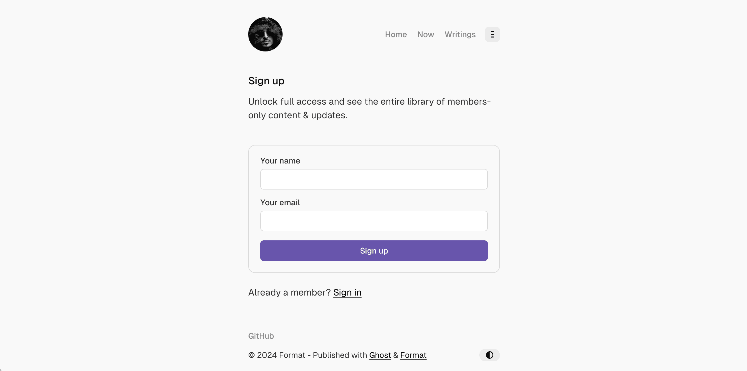 Format theme Sign Up page