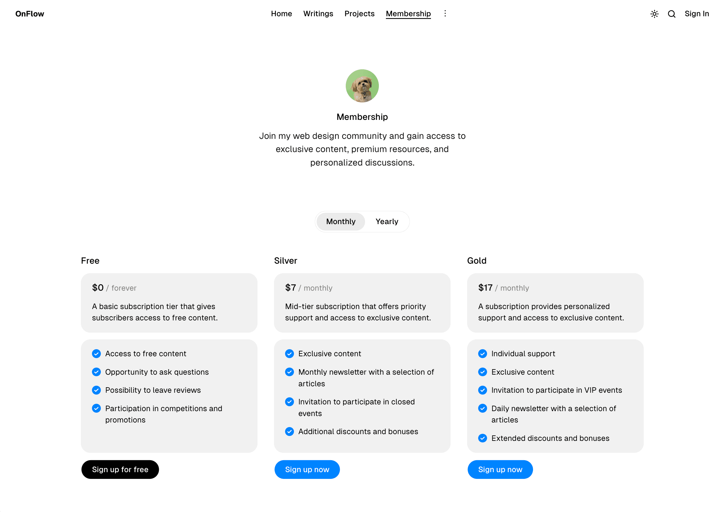 OnFlow theme Membership page