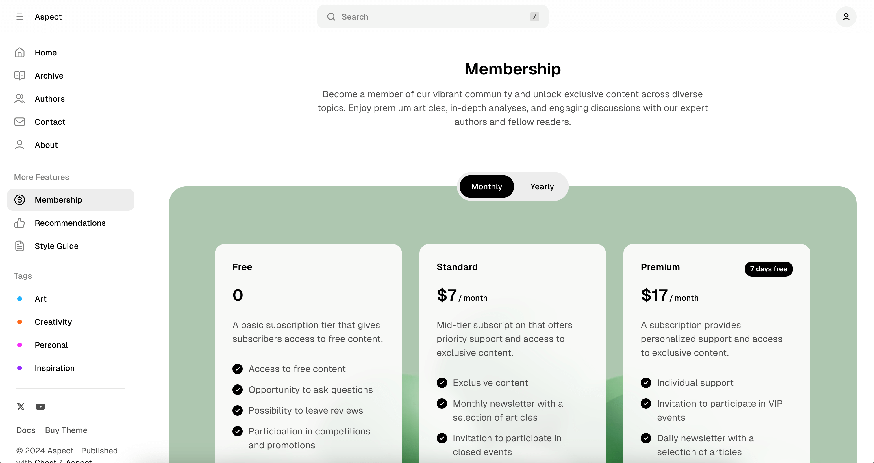 Aspect theme Membership page
