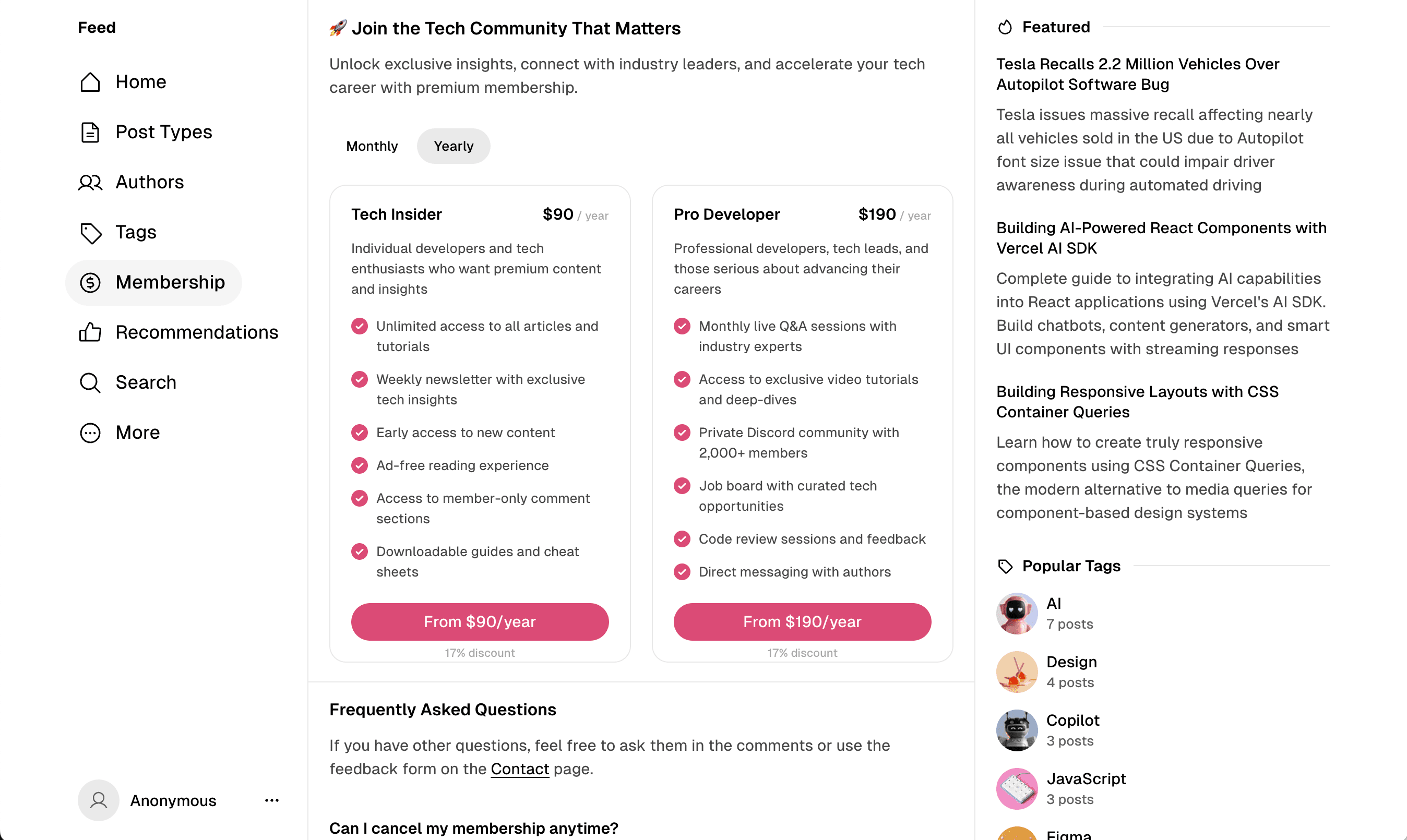 Feed theme Membership page
