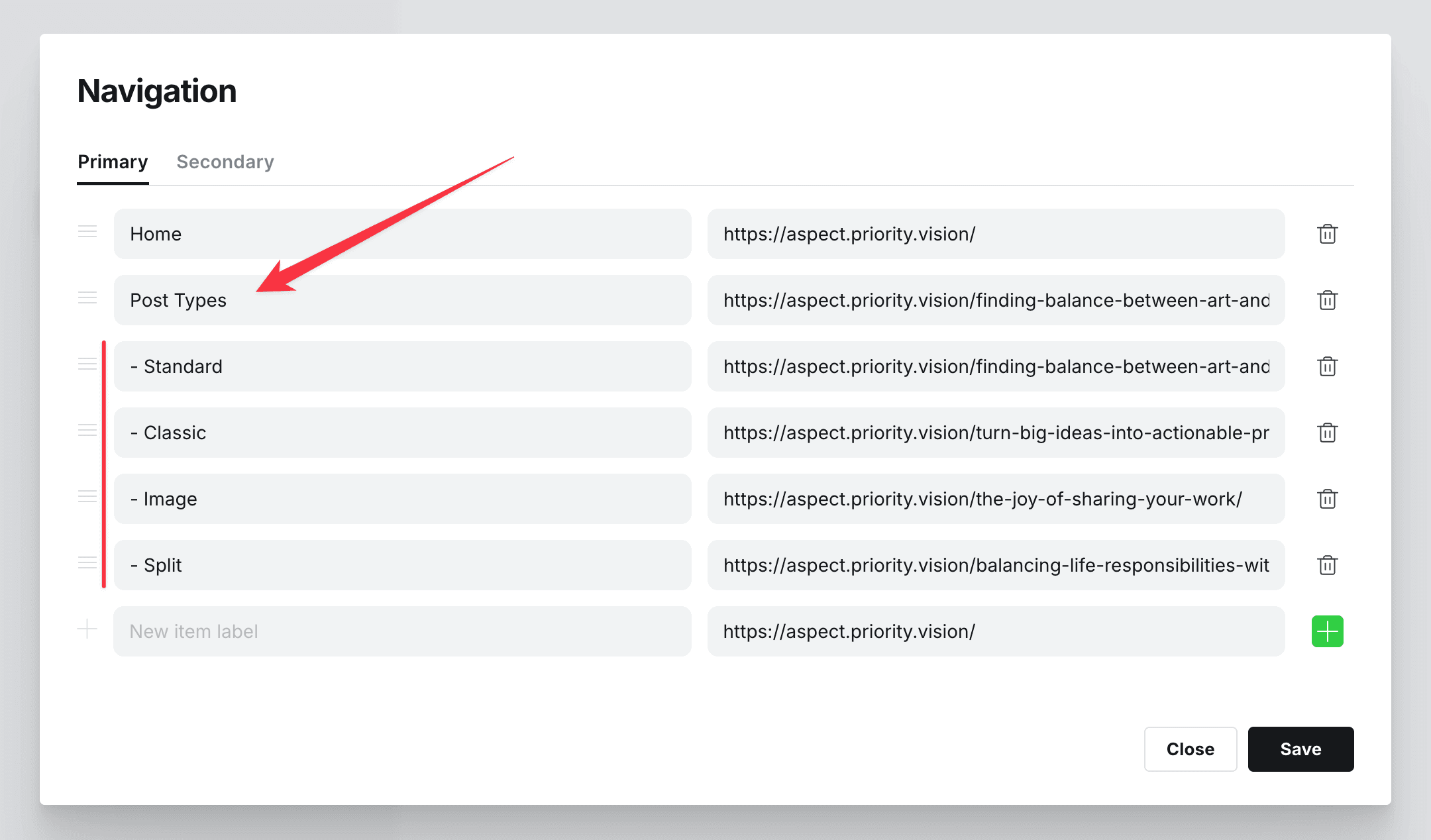 Navigation dropdown settings
