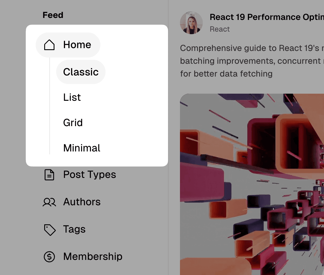 Feed theme navigation dropdown
