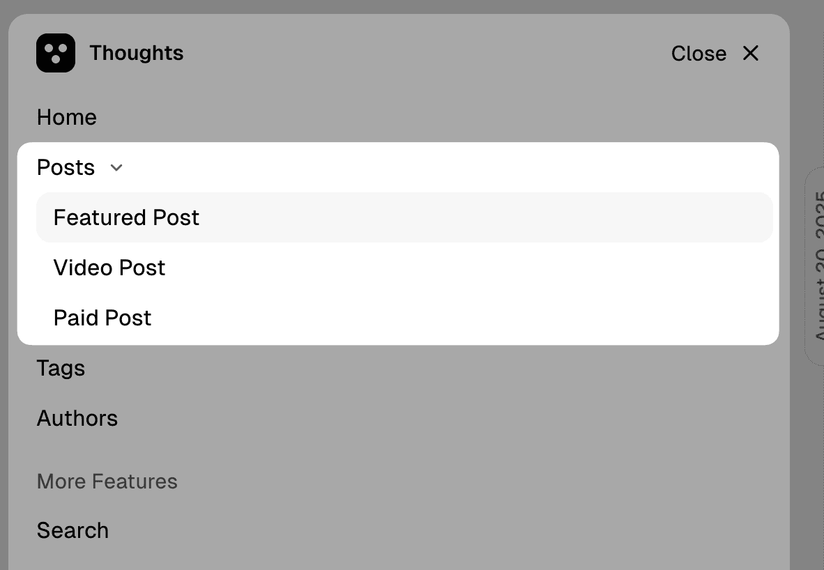 Thoughts theme navigation dropdown