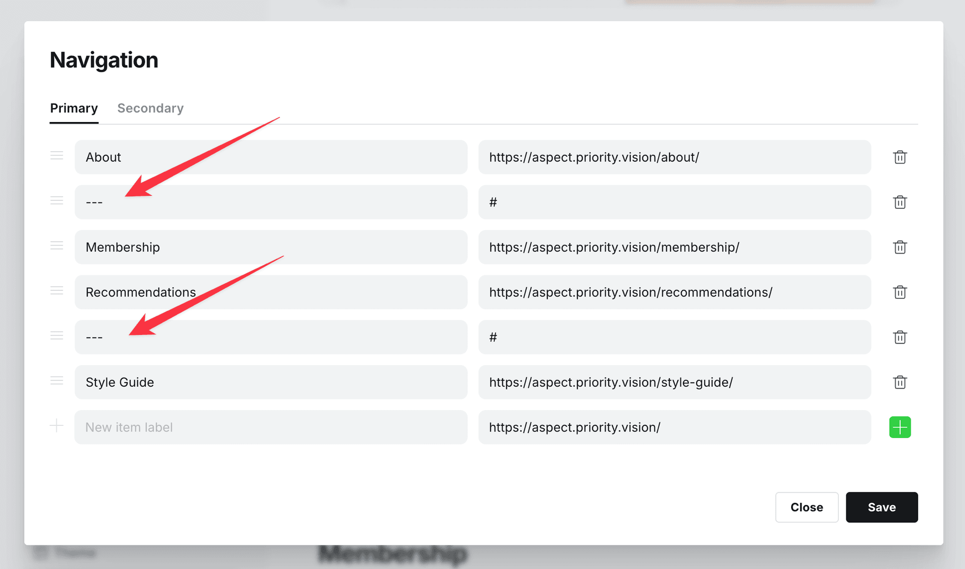 Navigation separator setting