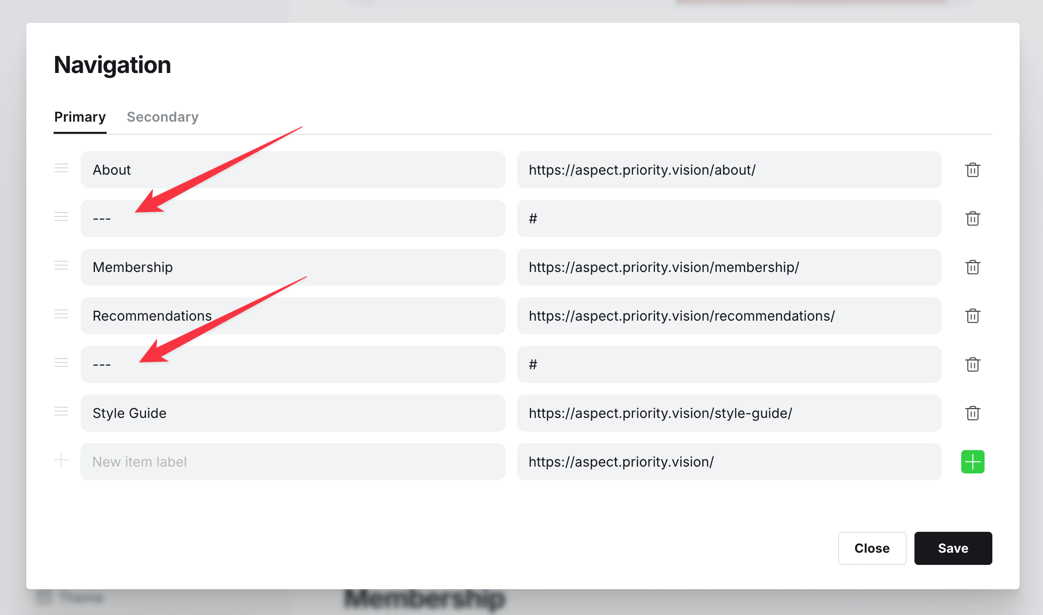 Navigation separator setting