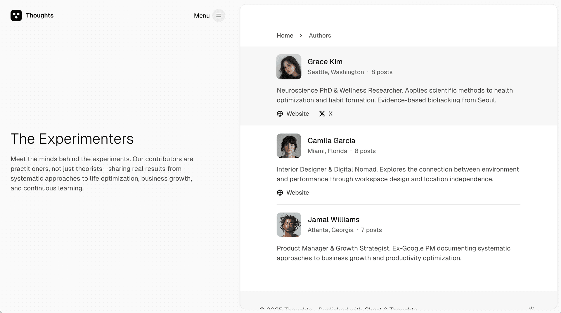 Thoughts theme Authors page