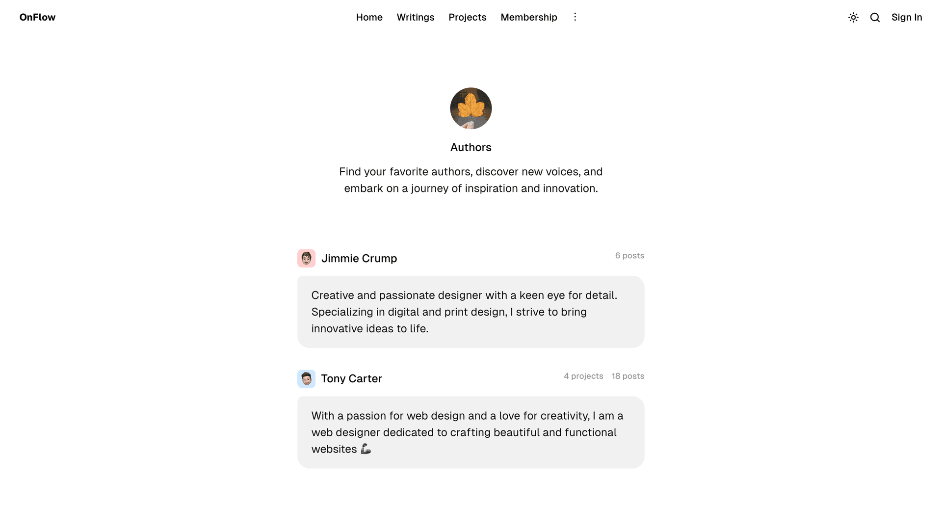 OnFlow theme Authors page