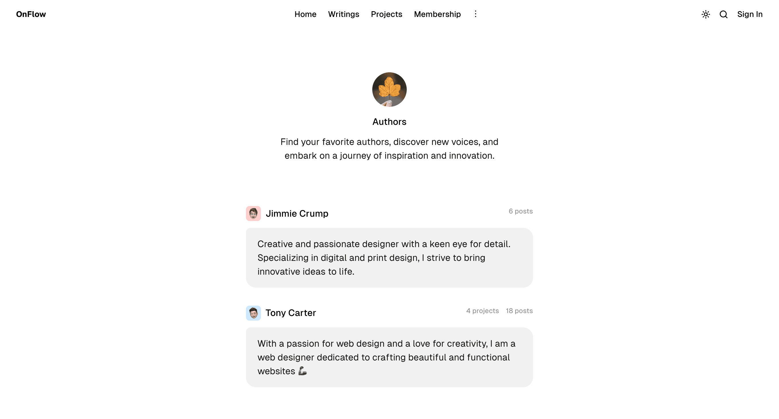 OnFlow theme Authors page
