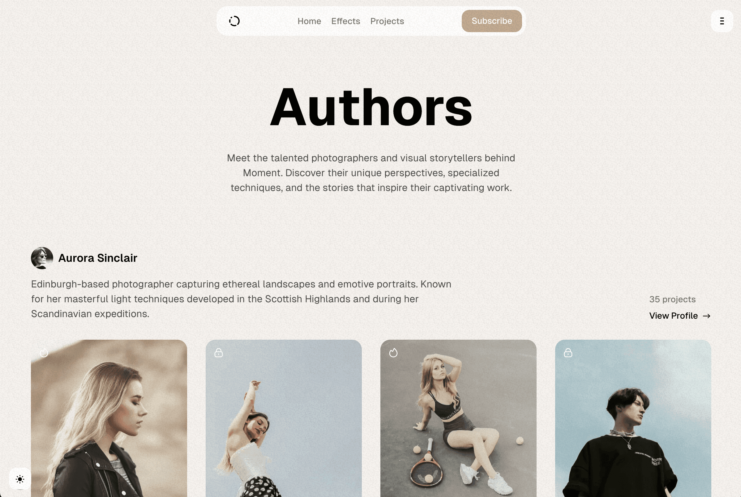 Moment theme Authors page