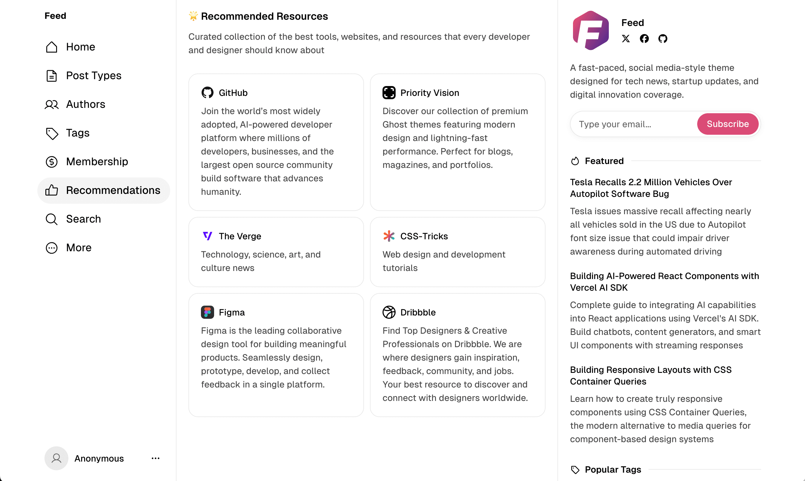 Feed theme Recommandations page