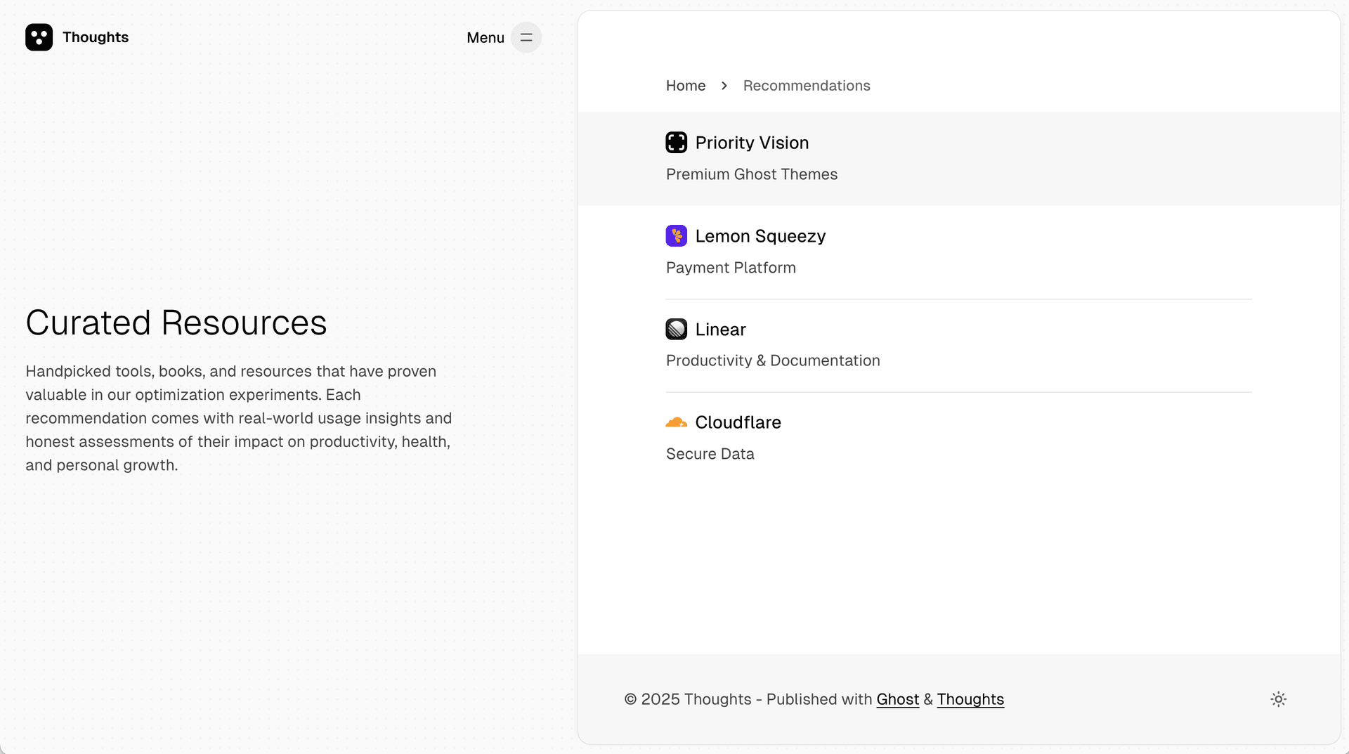 Thoughts theme Recommandations page