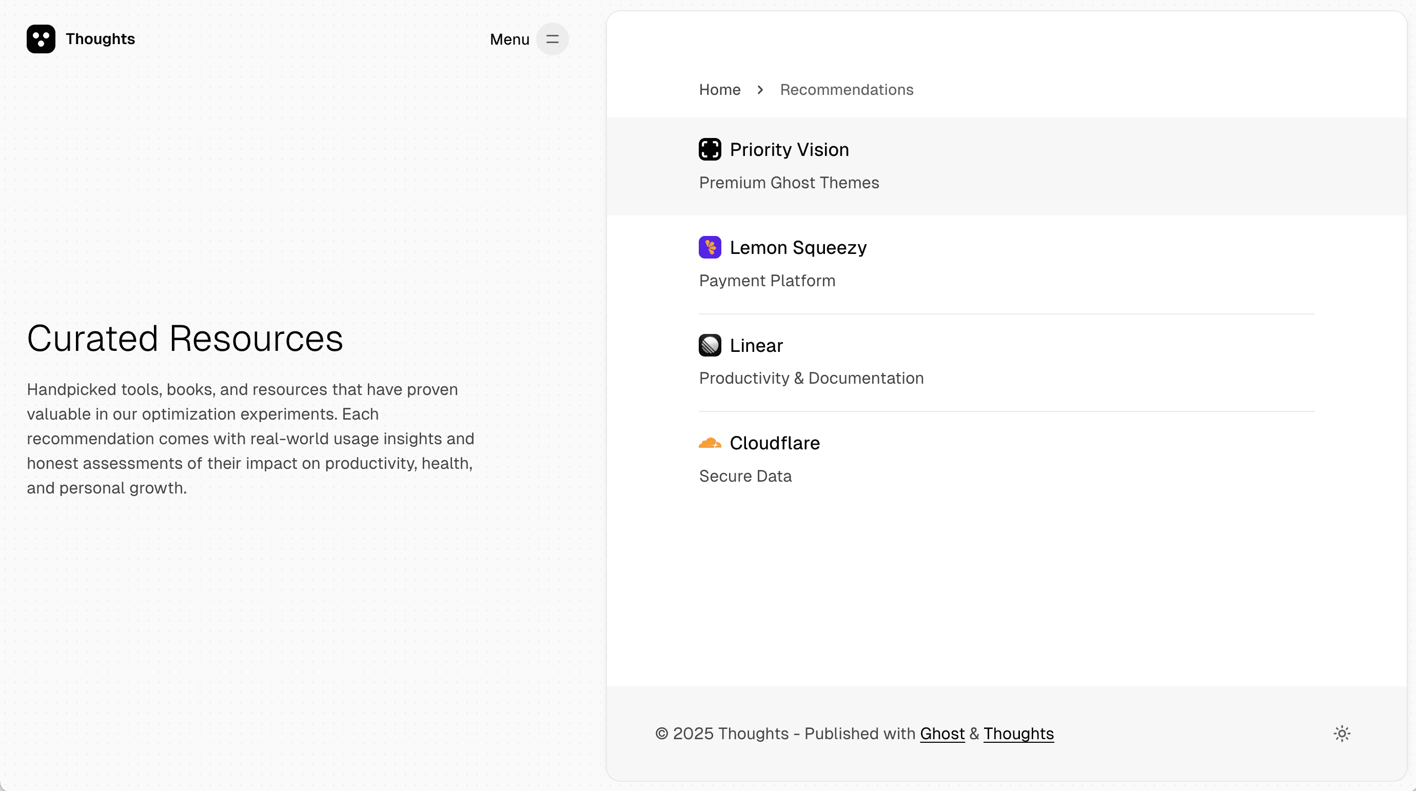 Thoughts theme Recommandations page