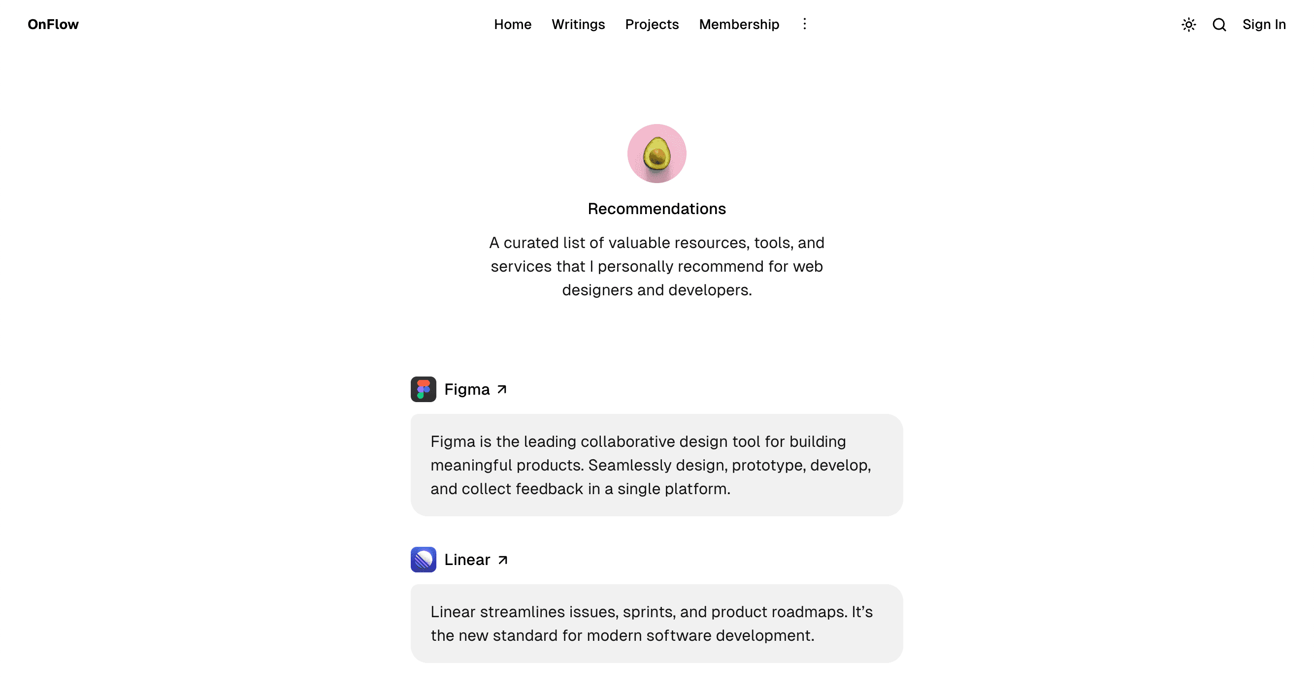 OnFlow theme Recommandations page