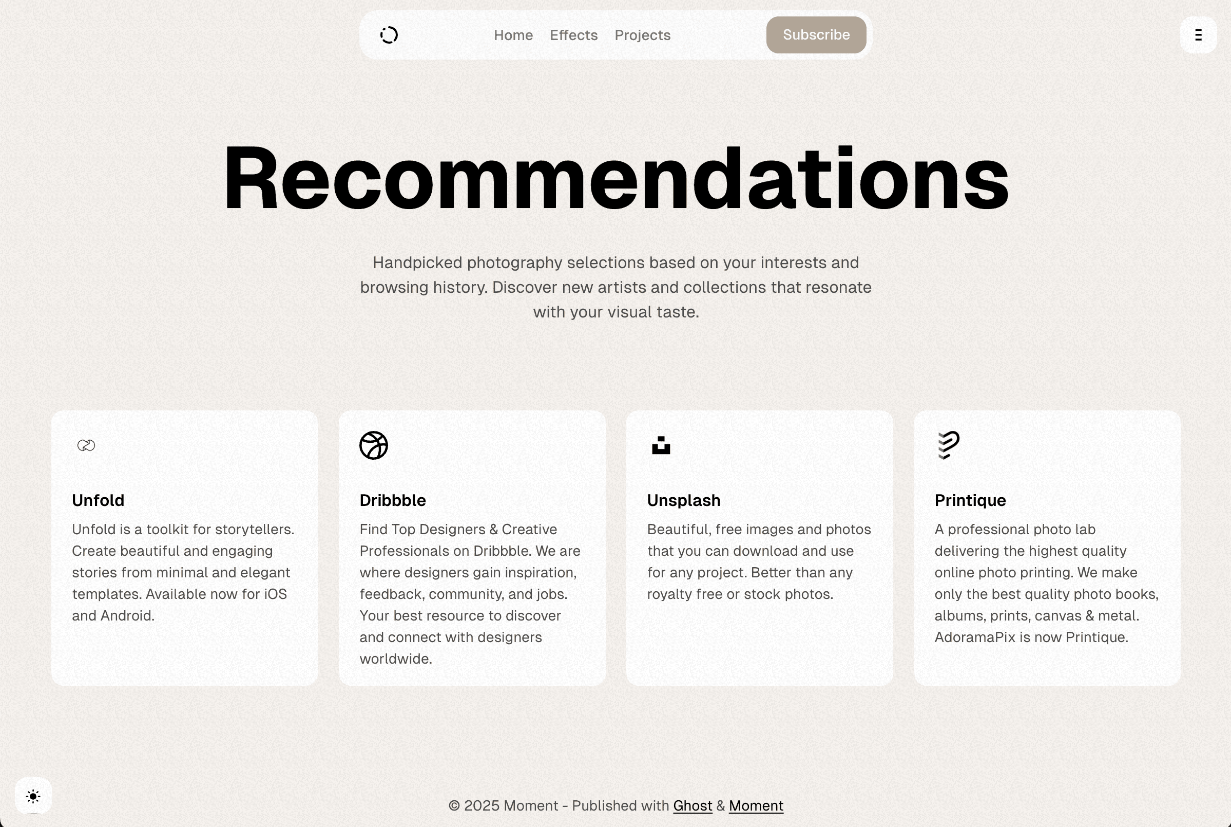 Moment theme Recommandations page