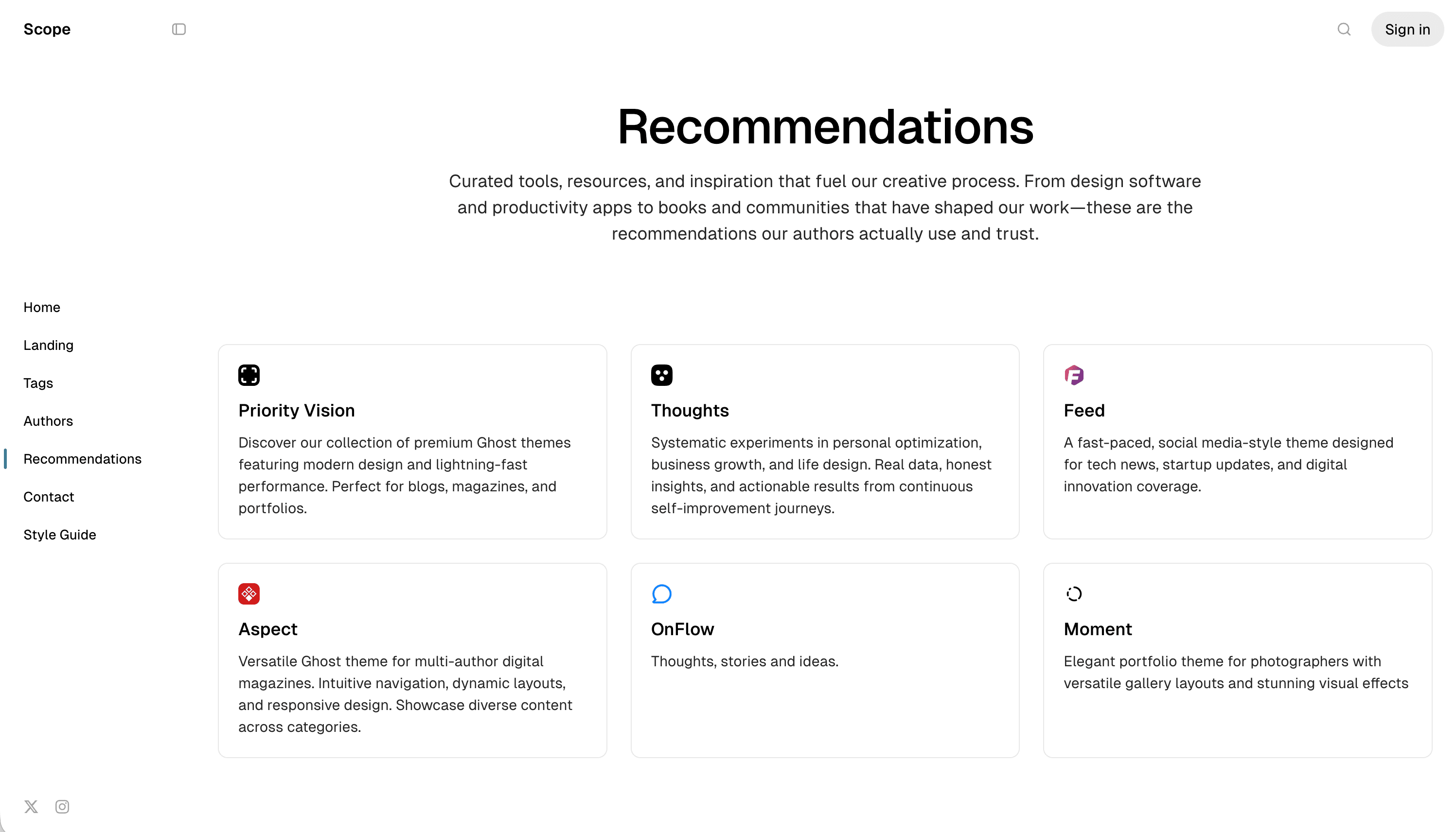 Scope theme Recommendations page