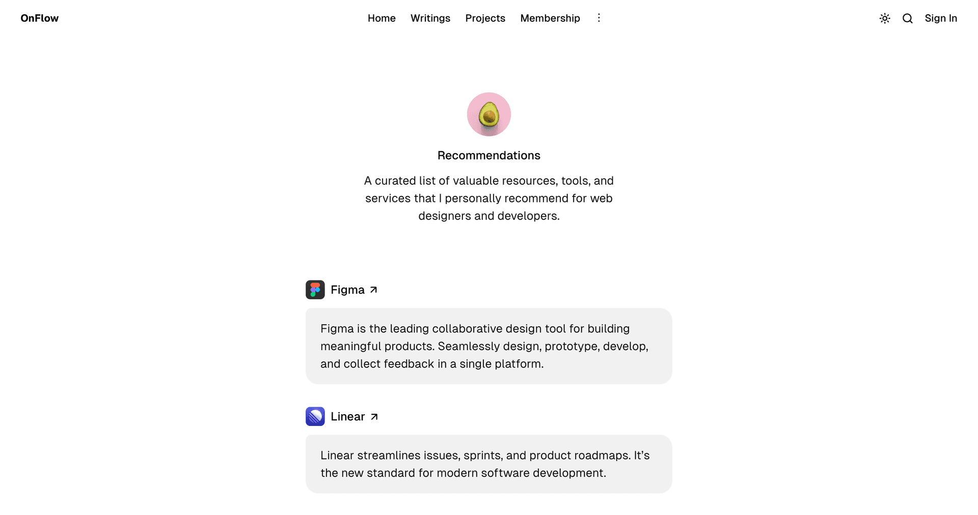OnFlow theme Recommandations page