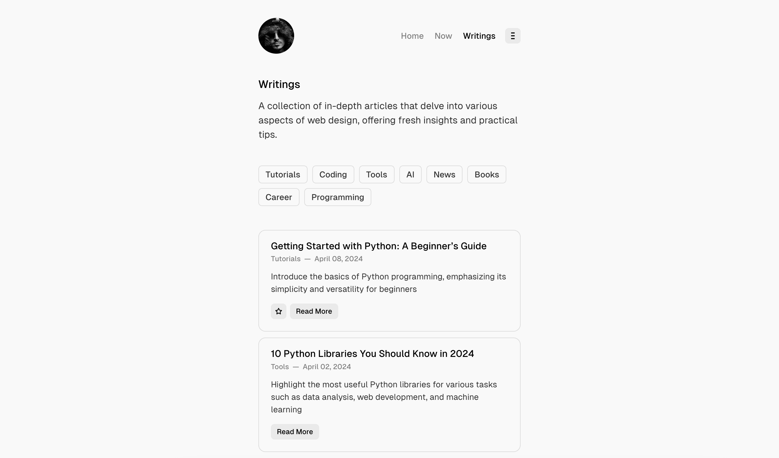 Format theme Writings page