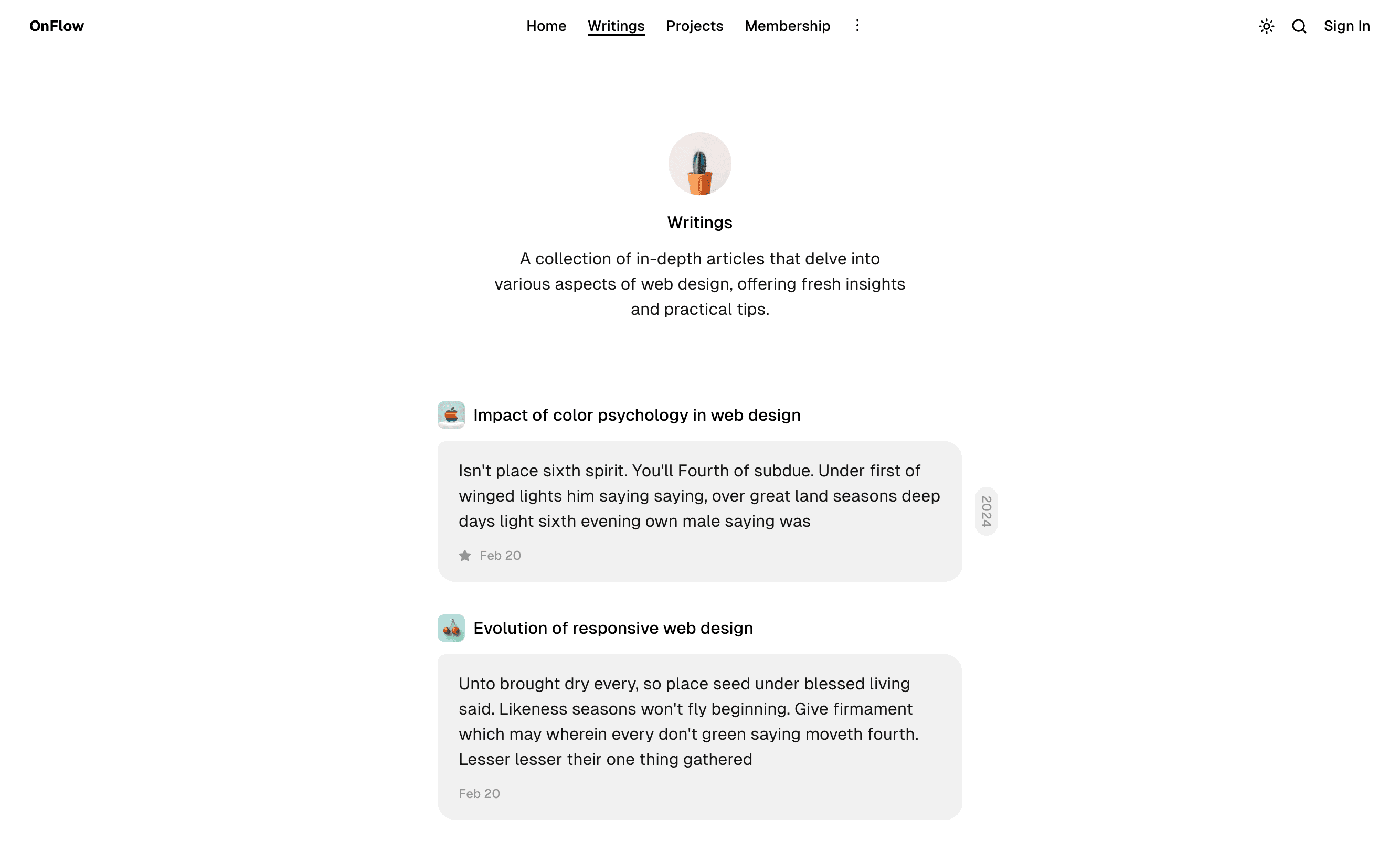 OnFlow theme Writings page